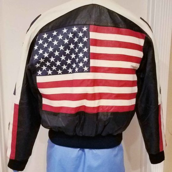 USA AMERICAN FLAG BOMBER FLIGHT LEATHER MAN JACKET SIZE S FITS AS M